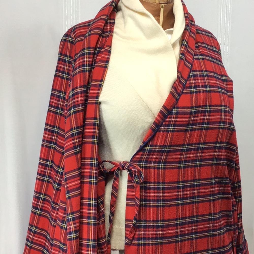 Vintage Red Plaid Tartan Blue Piping Self Tie Belt Front Pocket Flannel Maxi - Picture 7 of 15